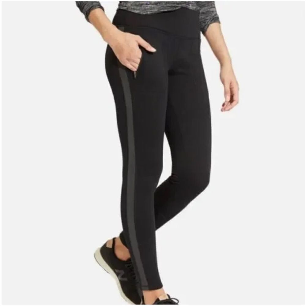 ATHLETA Street to Summit Tight Leggings Black Track Pants with Gray Stripe Sz L